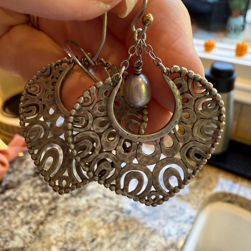 Silpada Silver Filigree Earrings with Pearl Accent Vintage